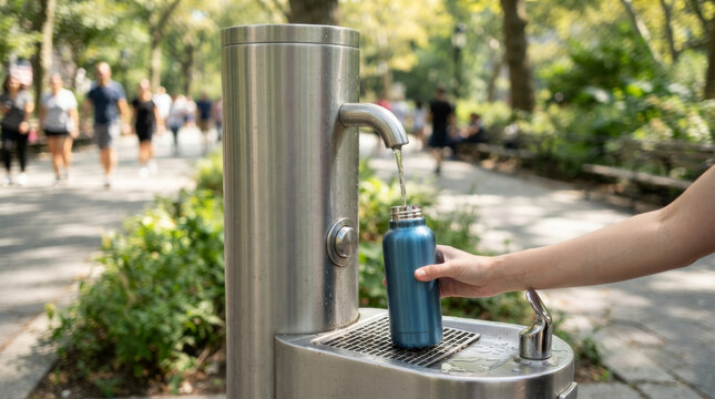 Hand filling a reusable blue metal bottle at a stainless steel public water fountain in a park. Eco-friendly hydration and zero waste lifestyle
