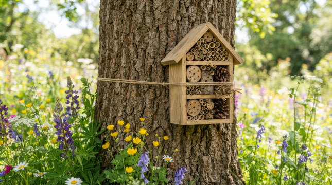 Wooden insect hotel tied to a tree trunk in a wildflower meadow. Bug house with bamboo tubes and pine cones. Biodiversity and wildlife conservation concept