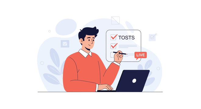 Man working on laptop, checking tasks on a list with 'TOSTS' and 'LIVE' notification, modern flat vector illustration.