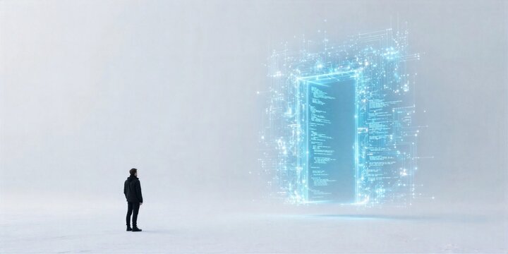 Artificial Intelligence Person Facing Glowing Digital Doorway in White Space