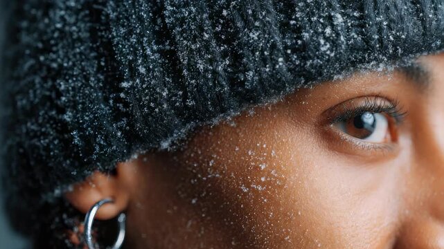 A detailed macro shot shows snowflakes resting on a person's face and dark knit hat, emphasizing the crispness of winter. The focus on the eye and icy details evokes a seasonal, trendy vibe