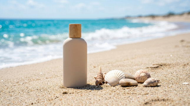 Ocean safe sunscreen bottle on a sandy beach. Eco-friendly sunblock with wooden cap next to seashells. Summer vacation skincare concept with copy space