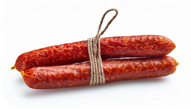 two chorizo sausages tied with string meat food isolated on a white background