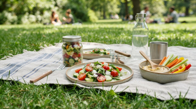 No plastic picnic set on a blanket in a park. Eco-friendly outdoor meal with fresh salad, hummus, vegetables, glass jar, and wooden cutlery. Sustainable zero waste lifestyle concept