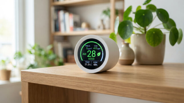 Smart home air quality sensor displaying good AQI on a wooden table. Indoor environmental monitoring device with plant in background