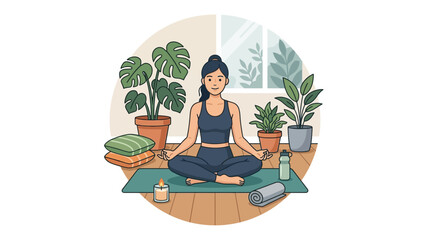 Fototapeta premium Woman meditating in lotus pose on yoga mat surrounded by houseplants.