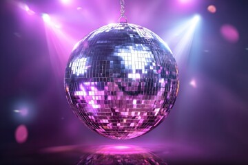 Obraz premium Shiny disco ball hangs, reflecting vibrant purple and white spotlights in dark setting