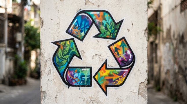 Colorful graffiti art of a recycle symbol on a weathered concrete wall. Urban street art promoting environmental awareness and sustainability