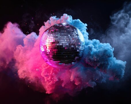 Glimmering disco ball enveloped in energetic pink and blue smoke against a dark backdrop