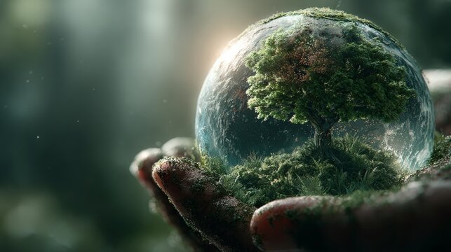 Nature's symphony: a visual ode to earth's green splendor. High resolution. The forest's embrace: hands supporting a globe in an eco-friendly context. Empty space. Blank background.