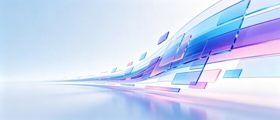 Futuristic transparent glass panels flowing through blue and purple digital space, abstract technology background for innovation and business presentation