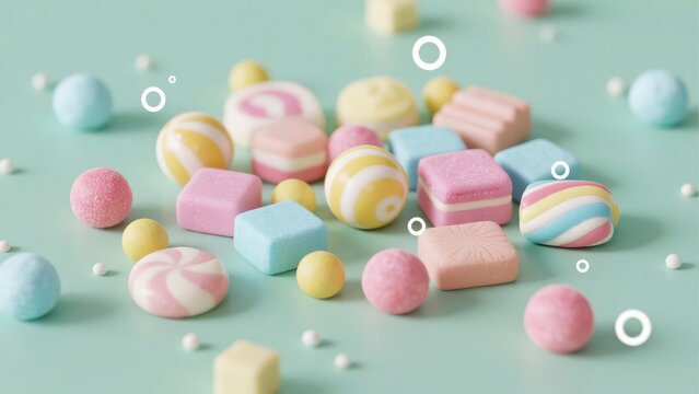 Colorful pastel candies and sweet confectionery on mint background, playful dessert assortment for holiday celebration and party design