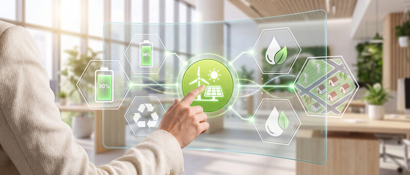 A business person interacting with a digital interface showing renewable energy icons and a smart city grid concept