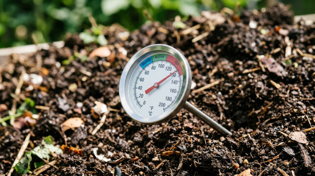 Stainless steel compost thermometer measuring heat in dark organic soil. Active decomposition process with eggshells and food scraps. Eco-friendly gardening and sustainable environment concept