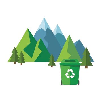 Green recycling bin in front of stylized mountains and trees