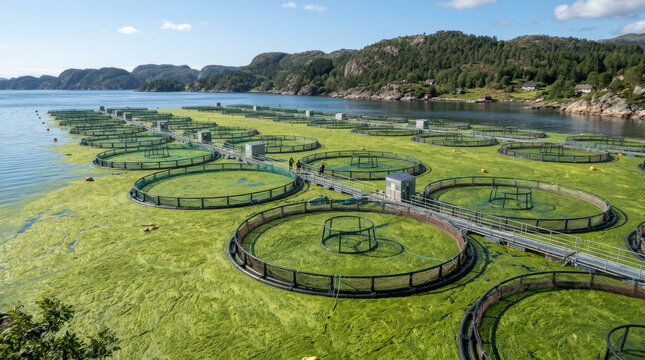 Algae bloom covering an aquaculture fish farm in a fjord. Green algal bloom on water surface around circular fish pens. Environmental pollution and ecological impact concept