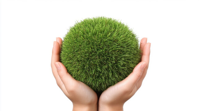 Human hands holding a lush green grass sphere isolated against a clean white background.