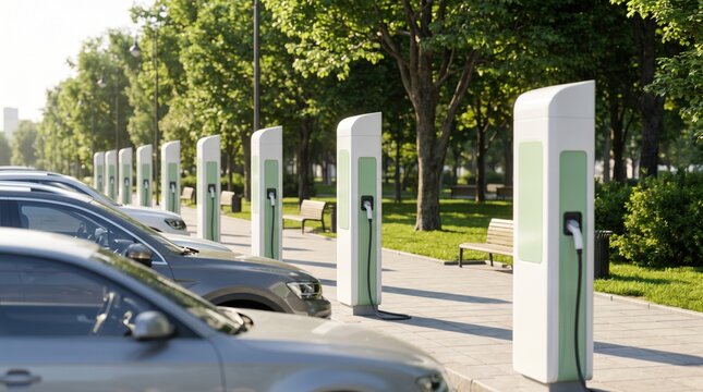 Electric vehicle charging station in public park. Sustainable transportation, green energy, future technology and city mobility.