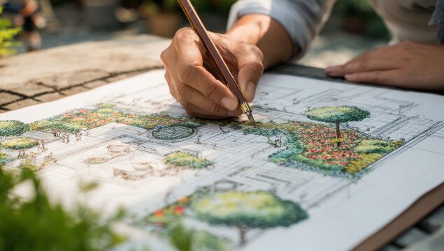 Closeup of a landscape architects hand drawing a detailed garden plan on paper with a pen