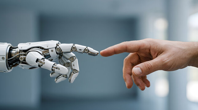 Close up of bionic robotic arm touching human finger in a symbolic gesture of technological unity.