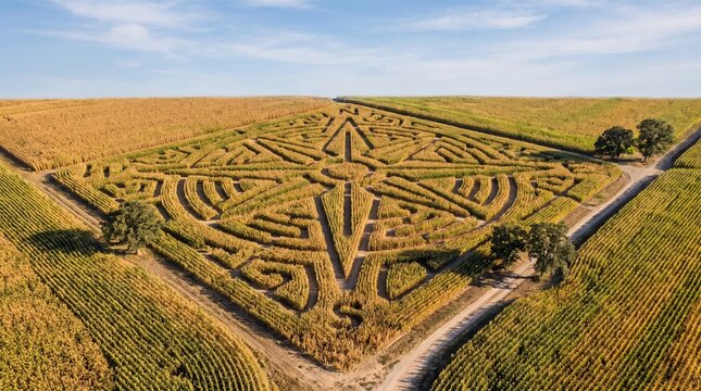 Aerial view of corn maze in golden field under blue sky  