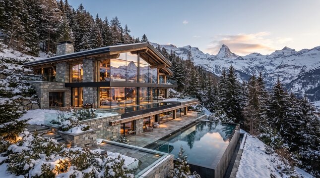 Luxury alpine chalet with infinity pool overlooking snowy mountains, premium winter retreat and modern mountain architecture