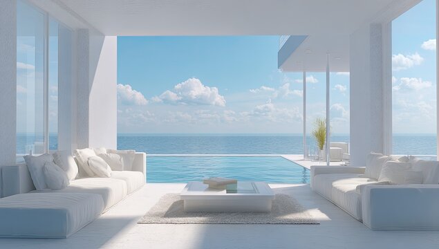 Luxurious modern white living room overlooking an infinity pool and vast blue ocean