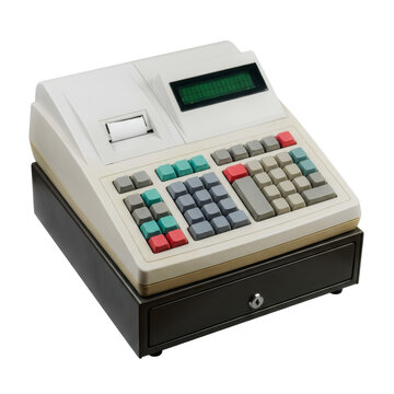 Electronic cash register on white background