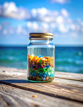 A glass jar filled with vibrant colorful sand sits on a wooden pier by the ocean, evoking joyful summer memories and serene beach vacation vibes under a sunny blue sky. Nobody.