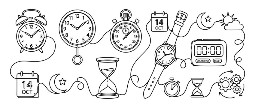 Hand-drawn collection of timekeeping devices and symbols