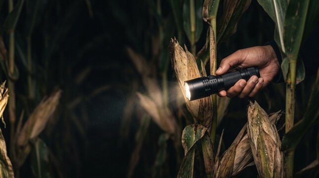 Flashlight in dark corn maze, Hand holding flashlight while exploring dark cornfield at night  