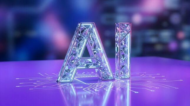 Metallic ai text logo with glowing circuits on a purple surface representing future technology concept.