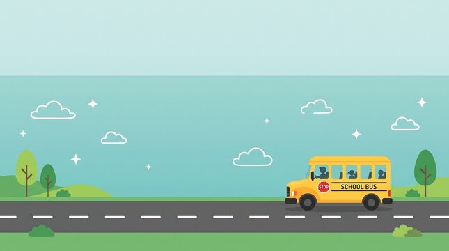 Yellow school bus driving on road. Vector illustration of transport for students.