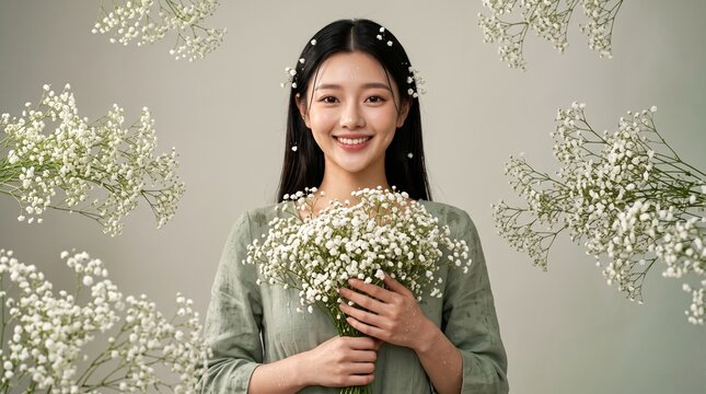 Smiling East Asian woman holding baby's breath flowers, wearing green linen dress with floral hair accessories, studio portrait on beige background