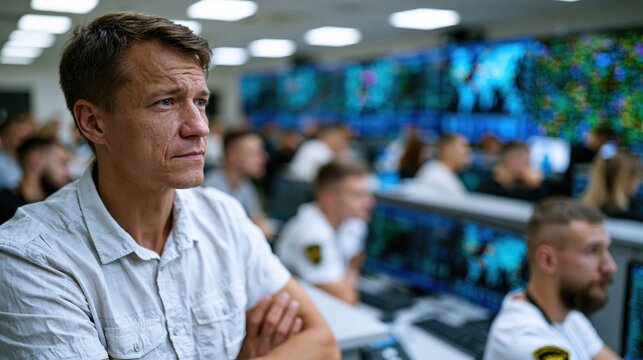 Instructor supervising trainees during cyber incident simulation in control room