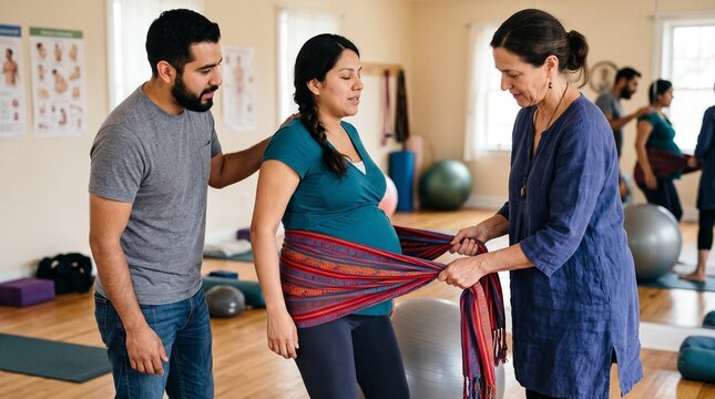 Doula using rebozo shawl to support pregnant woman at birth center