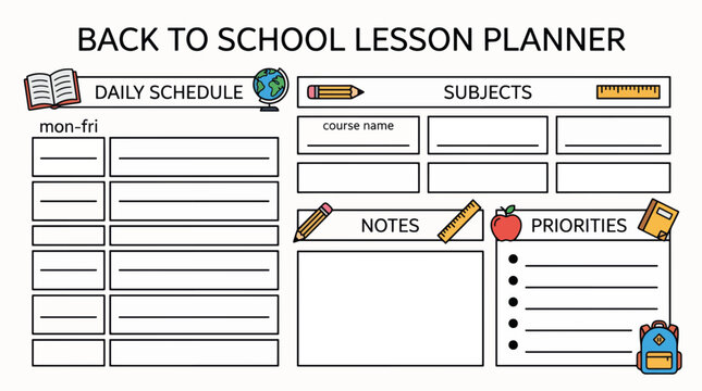 Back to school daily lesson planner template. Flat design vector schedule layout with subjects, notes, priorities and school icons. Clean line art isolated on white background