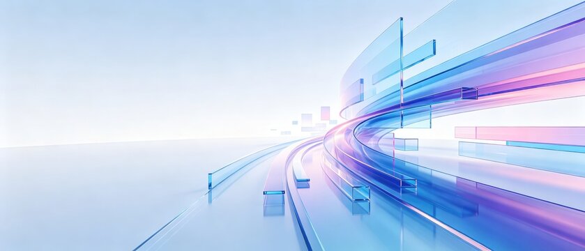 Abstract transparent glass data flow background with futuristic blue and pink technology curves, idea for AI, cloud computing, digital transformation banner
