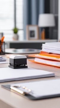 A neat workspace featuring a stamp, stacked documents, and organized office supplies