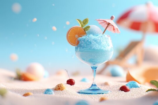Refreshing blue slushy cocktail in a glass on a sandy beach with an orange slice, mint, and a small pink umbrella, summer vacation concept