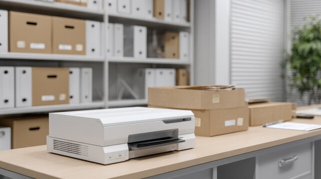 A modern office setting featuring a printer on a desk with storage boxes in the background