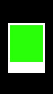 POLAROID vertical 9:16 photo frame animation with green screen inner window on black background. Modern paper curl picture transition for Reels.