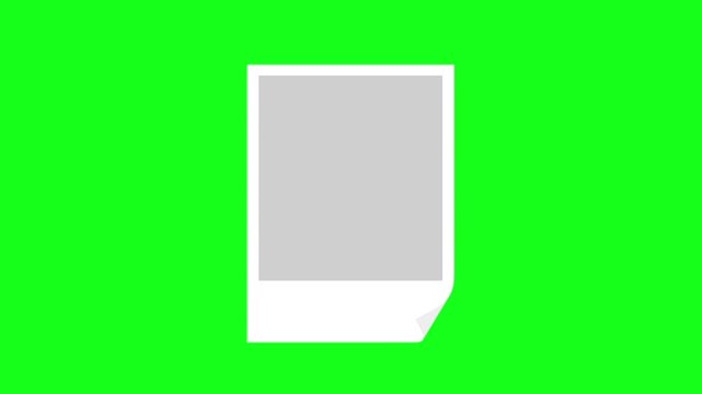 PHOTO FRAME polaroid overlay animation with subtle paper curl on green screen background. Clean instant picture placeholder mockup for video creators.