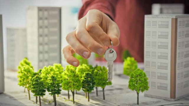 A close-up of a man's hand holding out shiny keys, against the backdrop of 3D models of new buildings and a green park. Conceptualization Real Estate Sales and Purchases