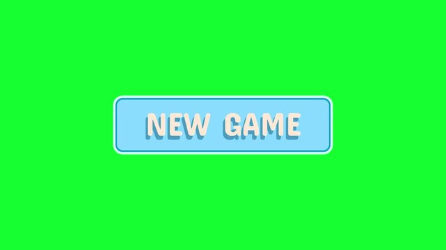 NEW GAME button 3D click animation on green screen background. Modern cyan gaming UI graphic element for video game start menu and app overlay.