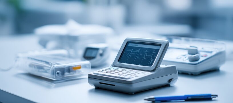 Medical diagnostic equipment including an electrocardiogram machine on a table in a clinic
