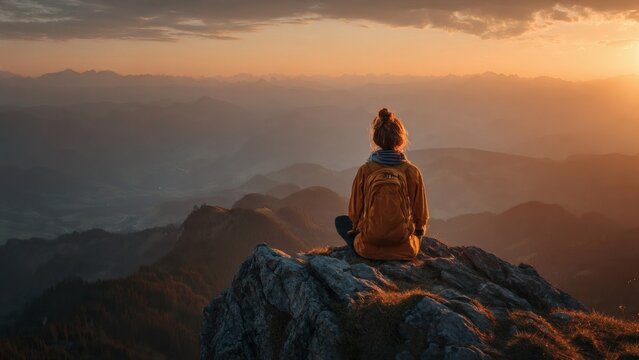 Hiker sits on a rocky mountain peak looking at the sunset over a vast mountain range.