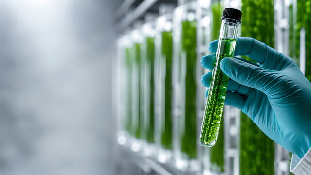 Scientist hand holding test tube with green micro algae liquid in high tech bioreactor lab