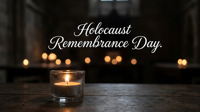 Holocaust remembrance day candle on wooden table with bokeh lights, holocaust