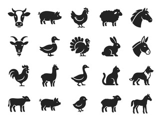Naklejka premium Farm Animals Vector Icons Set Black Silhouettes